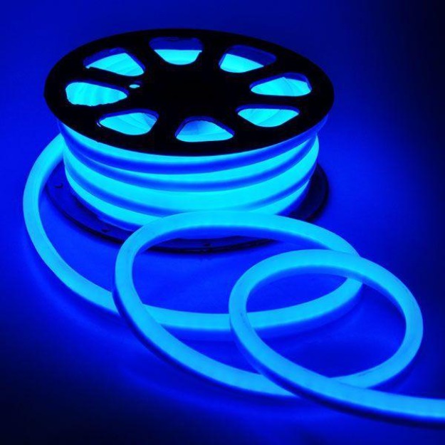 Bright blue neon LED strip light, ideal for homes, gaming setups, and signage applications