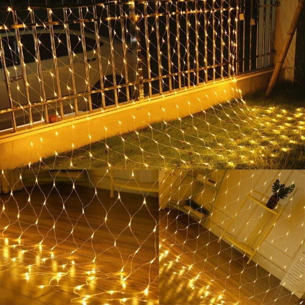 LED string mesh net lights in warm white for Christmas trees, holiday walls, and outdoor dΓ©cor