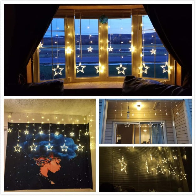 Warm white LED star curtain lights for Christmas trees, holiday parties, and festive ambiance