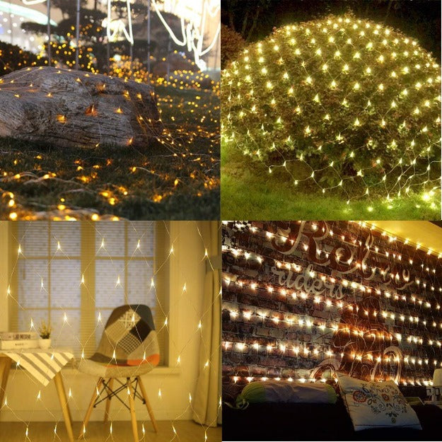 Warm white LED mesh net lights for Diwali celebrations, balcony décor, and wall lighting