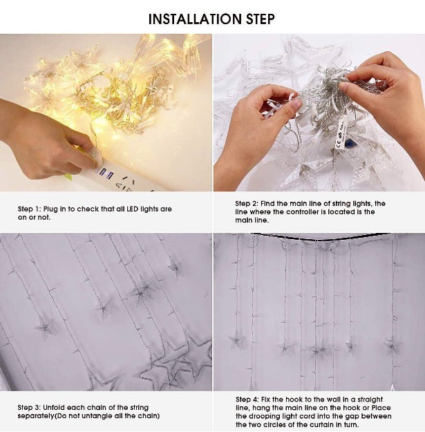 LED star curtain string lights with 8 modes for Diwali, Eid, Navratri, and New Year décor