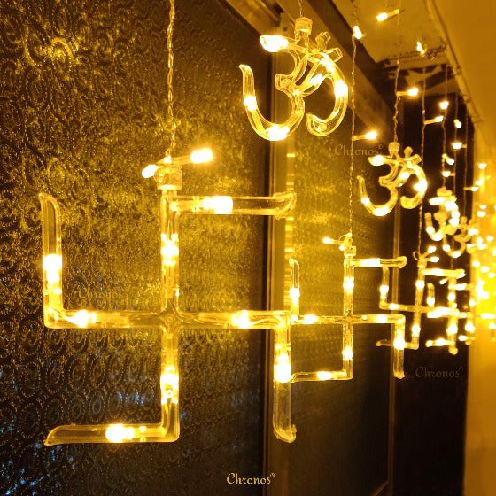 Yellow LED OM Swastik curtain string lights for Diwali, Navratri, Ganesh Chaturthi, and festive décor