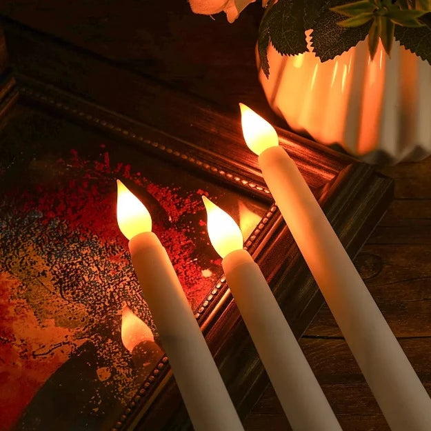 LED Long Pole Flameless Flickering Taper Candles - Battery Operated | Warm White | Pack of 10 | Chronos Lights
