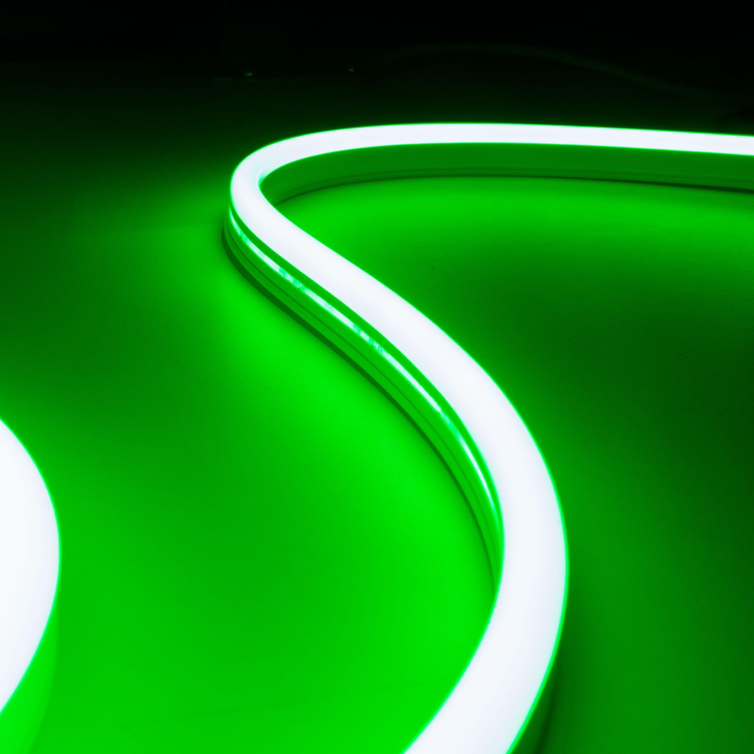 Durable green neon LED flex strip, waterproof and ideal for outdoor installations