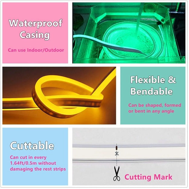 Enhance your home ambiance with this warm white neon LED strip light for ceilings, walls, and furniture