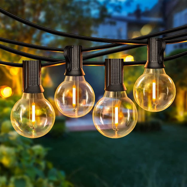 Decorative outdoor G40 hanging bulb lights for terrace, café, and garden with durable shatterproof plastic bulbs