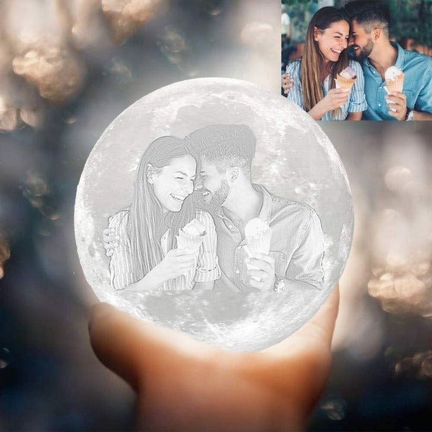 Personalized 3D Moon Lunar Lamp with custom photo and message – perfect romantic gift and home décor