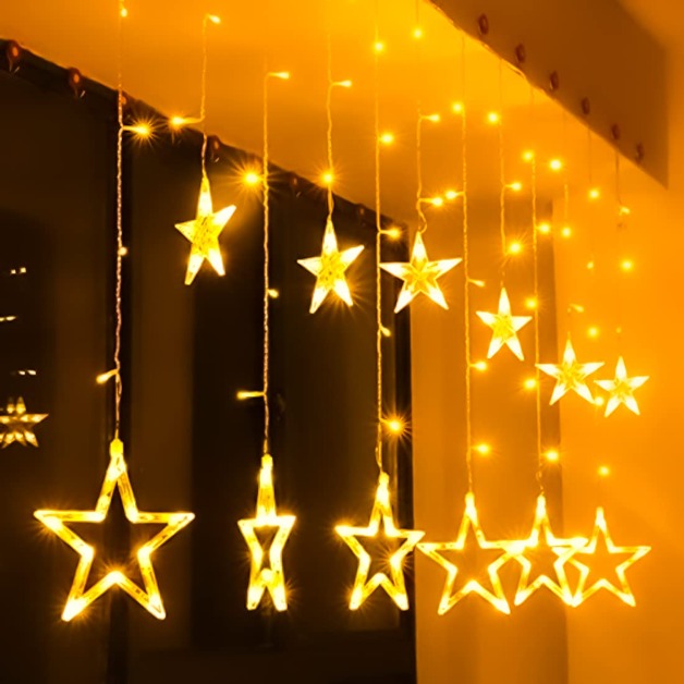 Warm white LED star curtain lights for Diwali, Christmas, weddings, and festive decorations