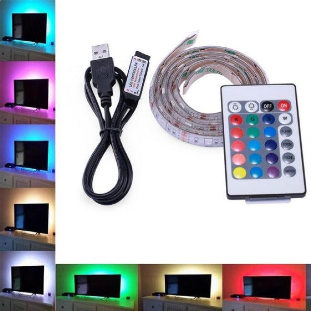 USB Powered LED Strip Light RGB Multicolor 5050 24 Key Remote Control Water Resistant 16 Color