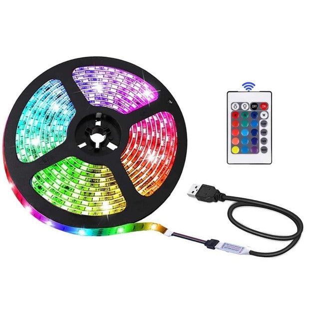 USB Powered LED Strip Light RGB Multicolor 5050 24 Key Remote Control Water Resistant 16 Color