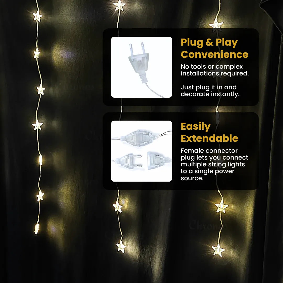 10ft star curtain string lights with 3ft drop backdrop for wall and window décor