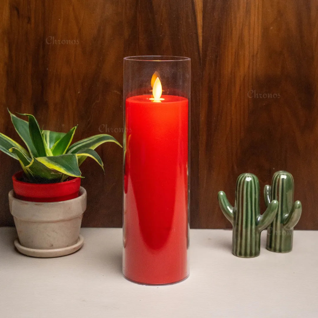 Elegant red LED pillar candle with flickering flame effect and acrylic body