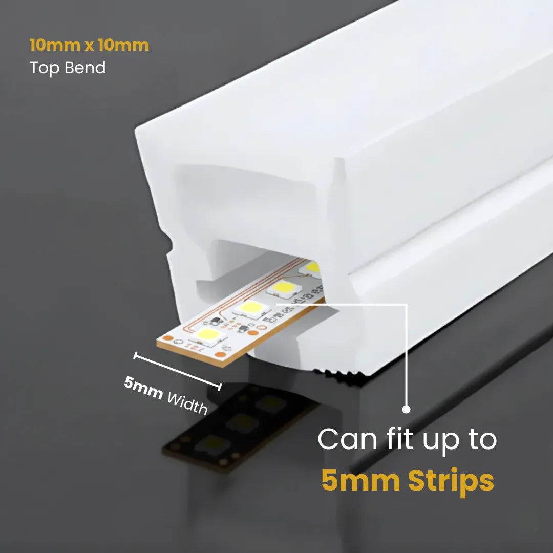 LED strip fitting into a white channel with text indicating dimensions and compatibility.