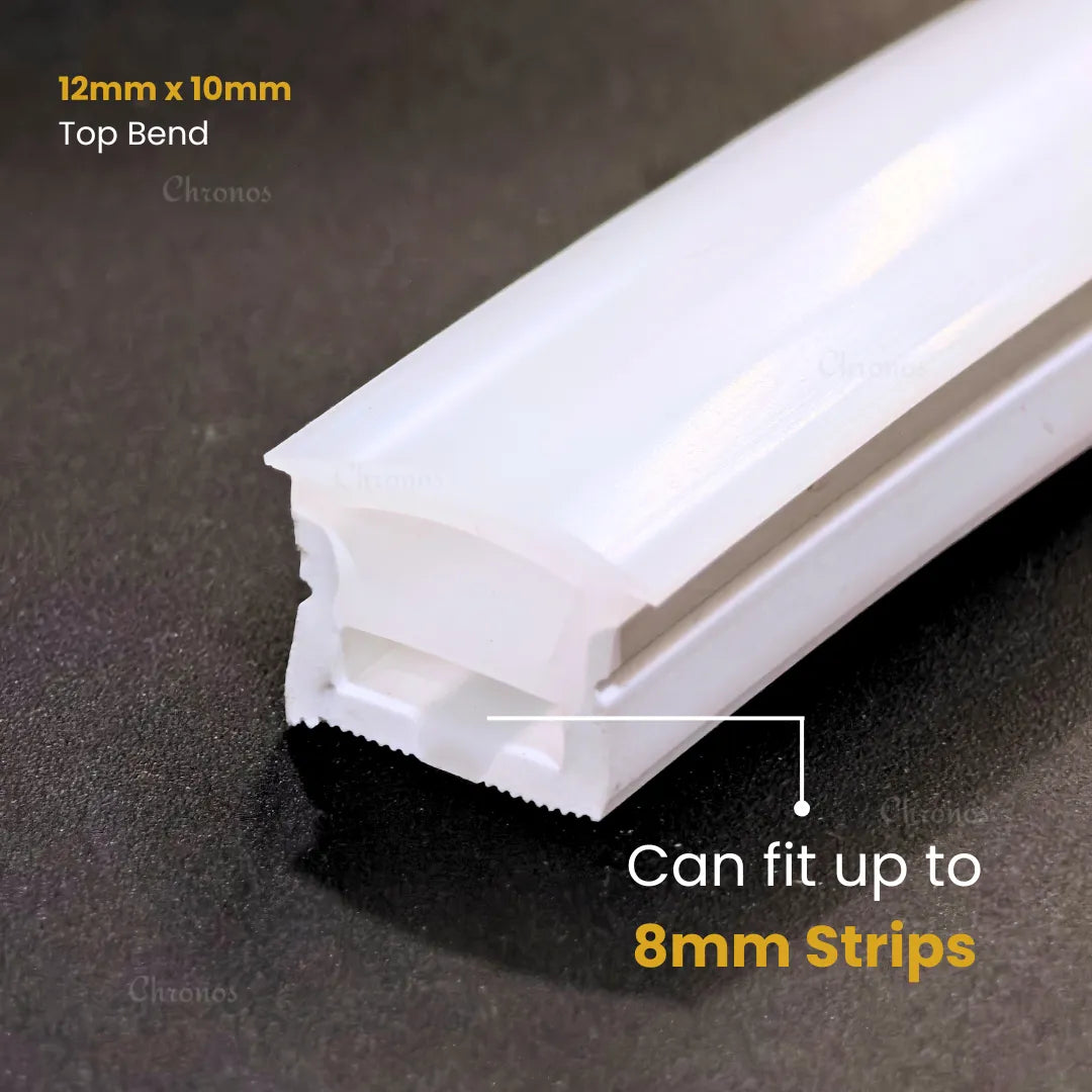 12x10mm flexible top-light luminous silicone LED channel designed for 8mm LED strip lights, ideal for cabinet lighting, cove lighting, shelving, furniture, and architectural accent lighting applications.