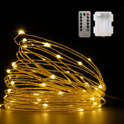 Copper Wire Fairy LED String Lights - 3AA Battery Operated | 8 Function Remote Control | IP44 Waterproof | Warm White