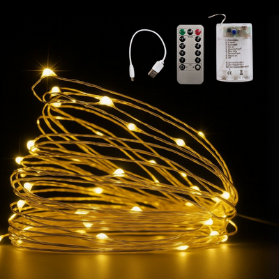 Copper Wire Fairy LED String Lights - 3xAA + Micro USB Powered | 8 Function Remote Control