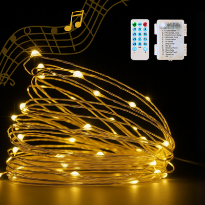 Music Beats Sync Copper Wire Fairy LED String Lights - 3AA Battery Operated | 12 Function Remote Control | IP44 Waterproof | Warm White