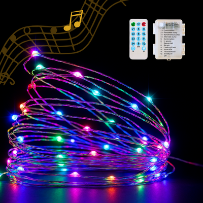 Music Beats Sync Copper Wire Fairy LED String Lights - 3AA Battery Operated | 12 Function Remote Control | IP44 Waterproof | Multi