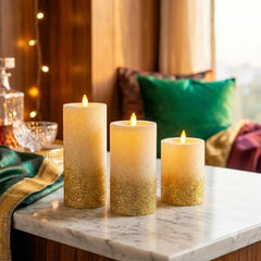 LED Moving Flame Glitter Pillar Candle – Flameless, Battery Operated, Warm White Glow (Multiple Sizes)