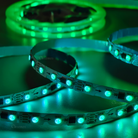 Close-up view of 5050 SMD LEDs on an RGBIC LED strip light.