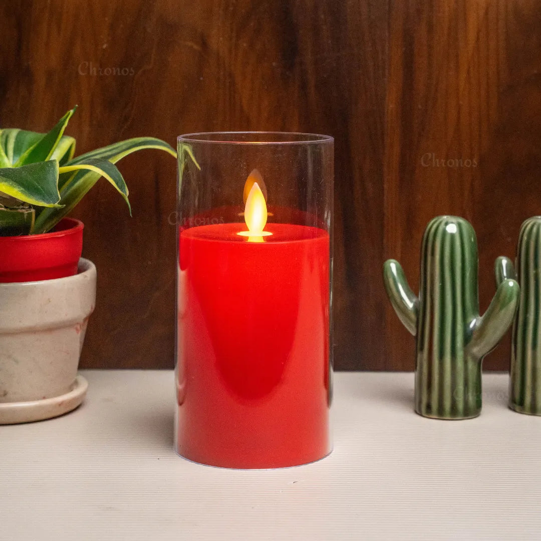 Festive red acrylic LED candle ideal for Diwali decorations and celebrations