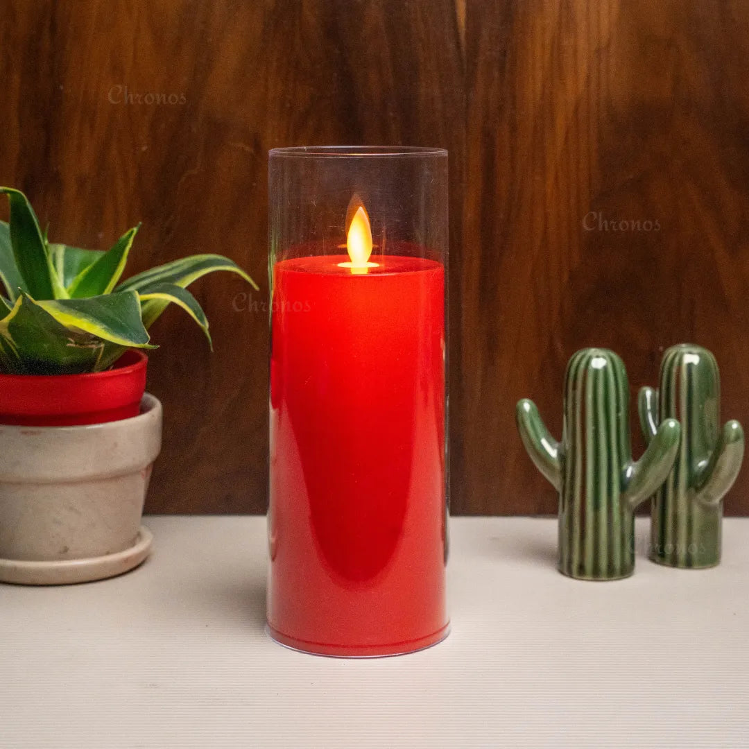 Decorative red flameless pillar candle with safe smokeless LED illumination