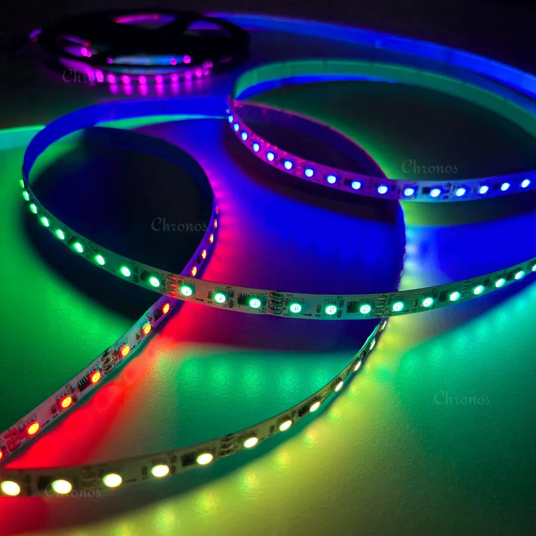 Addressable RGBIC LED strip installed for decorative accent lighting on an indoor surface.