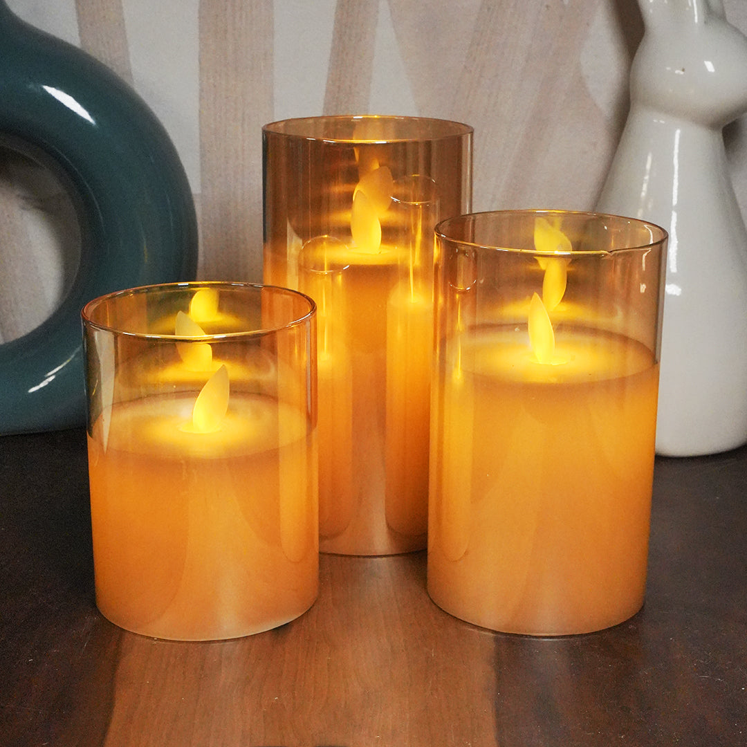 Golden Glass LED Moving Flame Pillar Candle | Chronos Lights