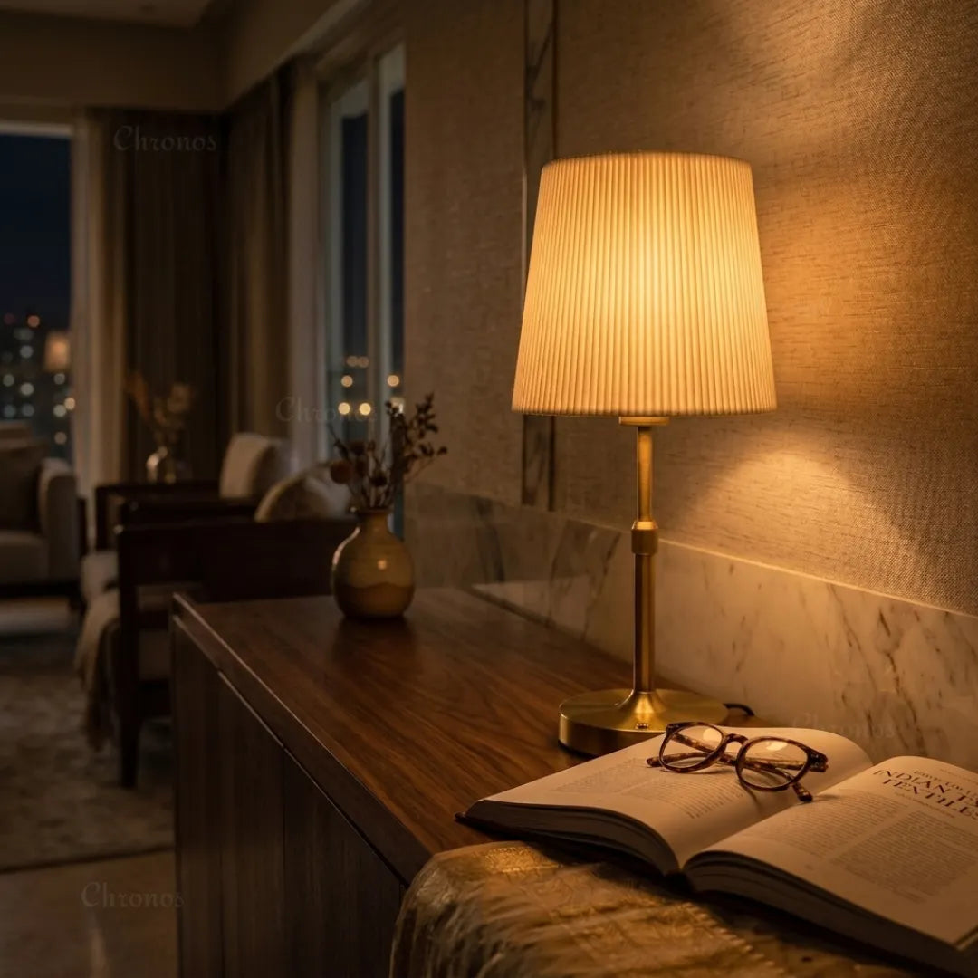 Linea rechargeable fabric shade lamp creating warm and sophisticated dining table ambience