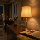 Linea rechargeable fabric shade lamp creating warm and sophisticated dining table ambience