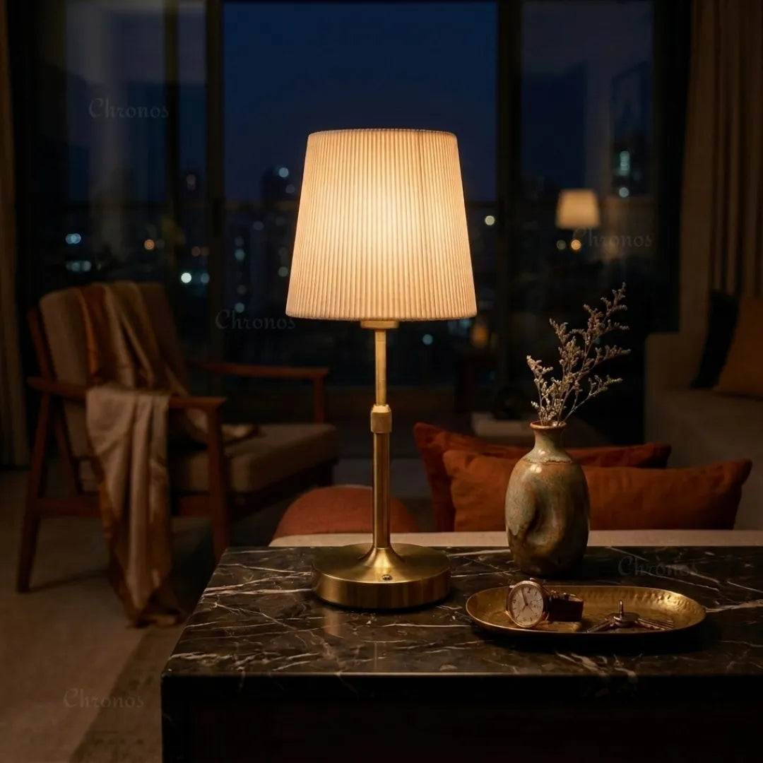 Linea cordless rechargeable bedside table lamp with fabric shade and soft ambient illumination