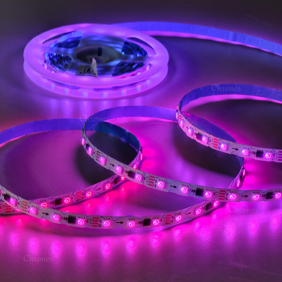 Addressable LED strip displaying vibrant RGB colors for decorative indoor lighting.