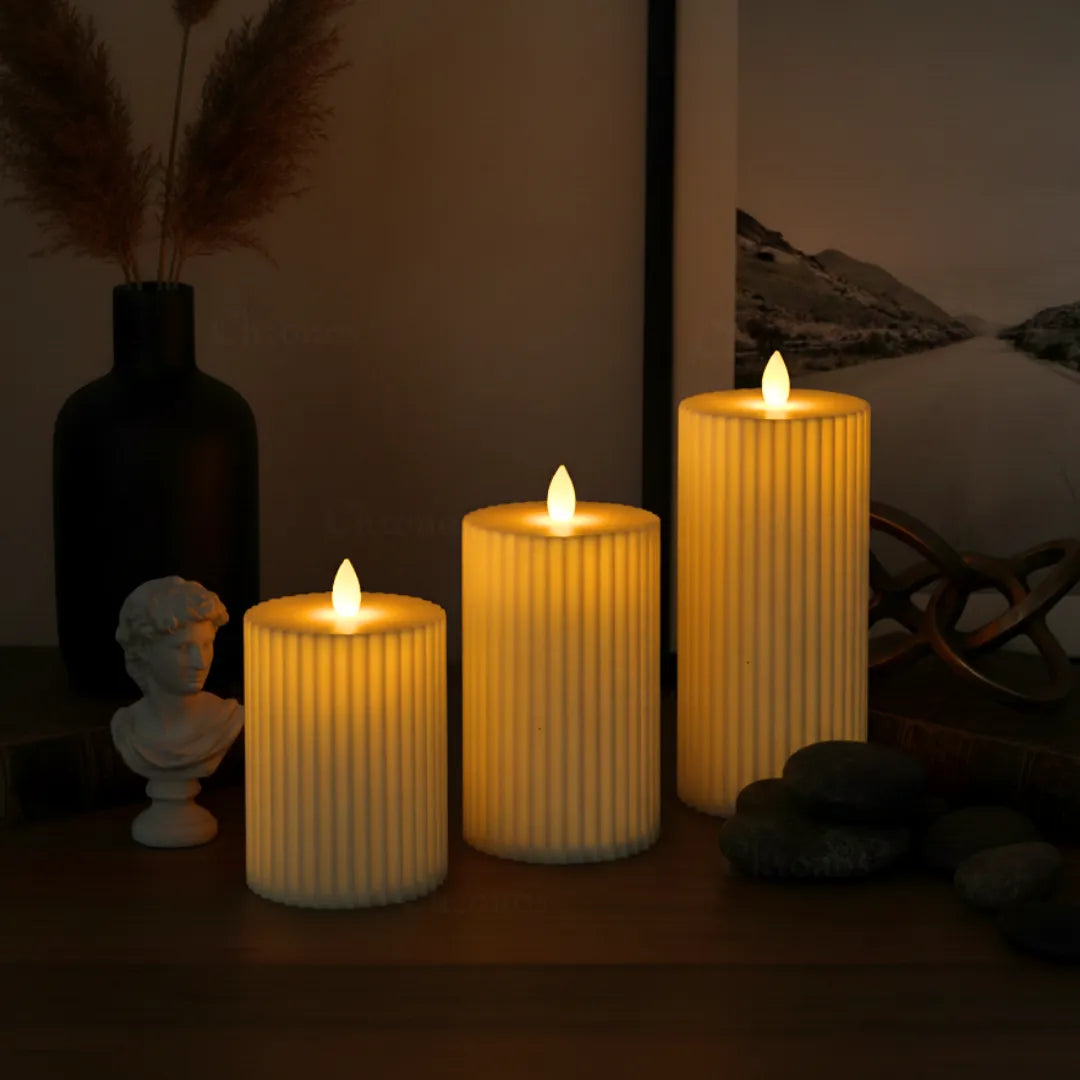 Pleated Ivory LED Moving Wick Pillar Candle | Flameless White Decorative LED Candle Pleated Ivory LED Moving Wick Pillar Candle | Flameless