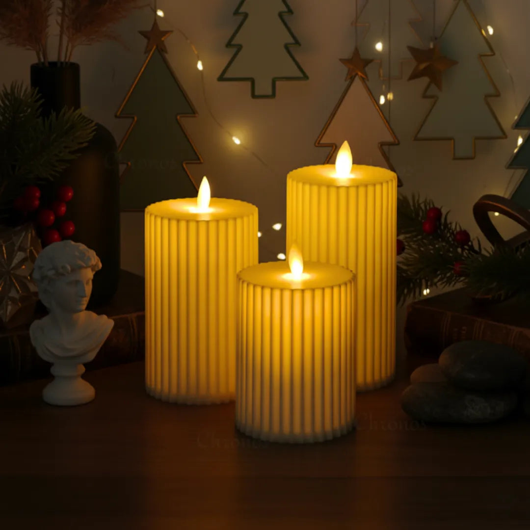 Pleated Ivory LED Moving Wick Pillar Candle for Christmas