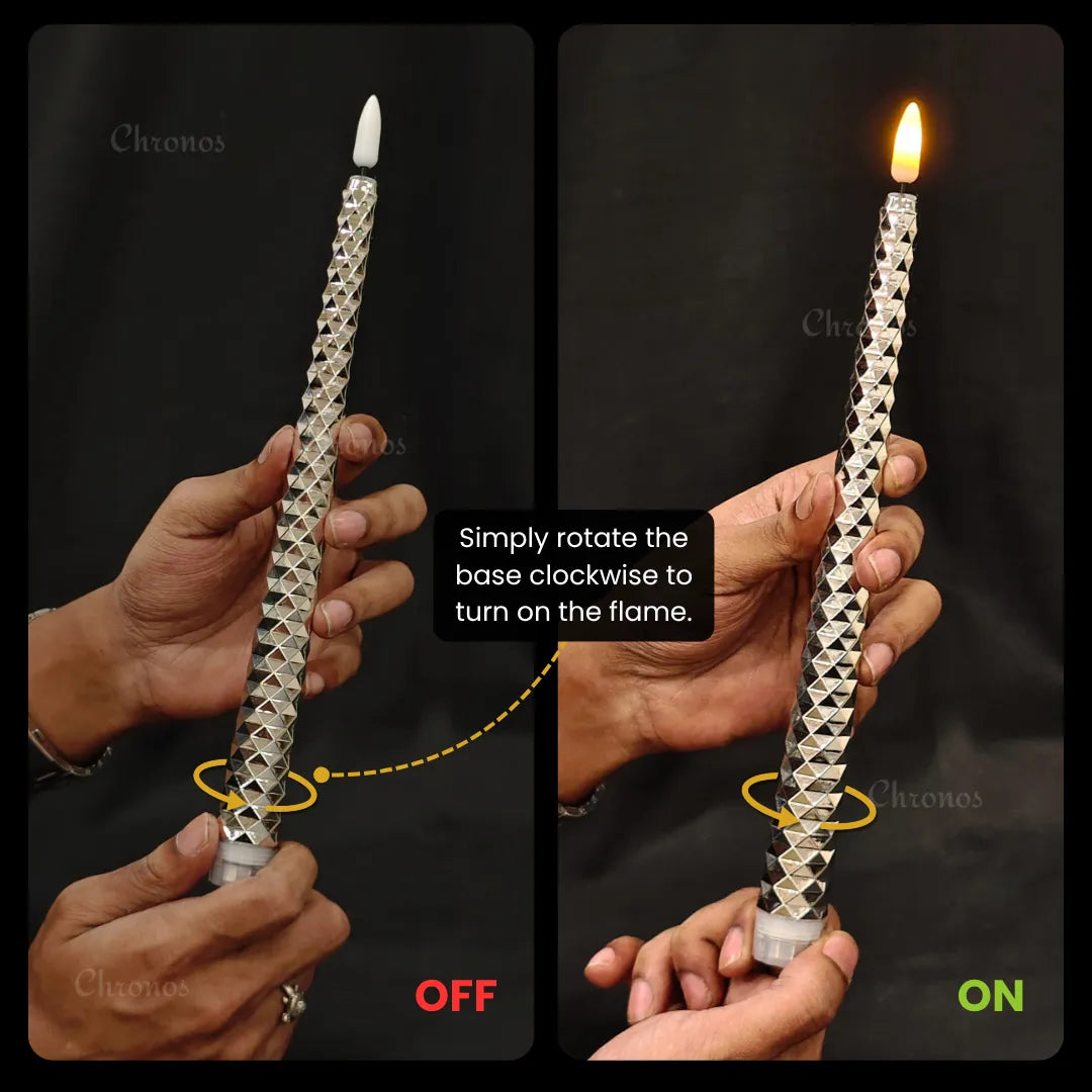 Premium gold diamond pattern LED flameless taper candle with realistic warm white flickering flame