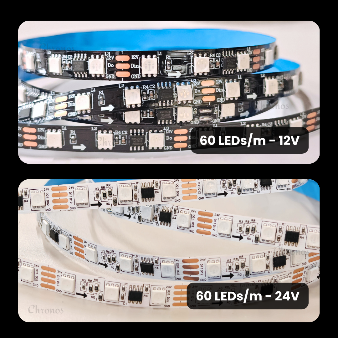 Programmable RGB LED strip with 5050 SMD LEDs for colorful indoor decorative lighting.