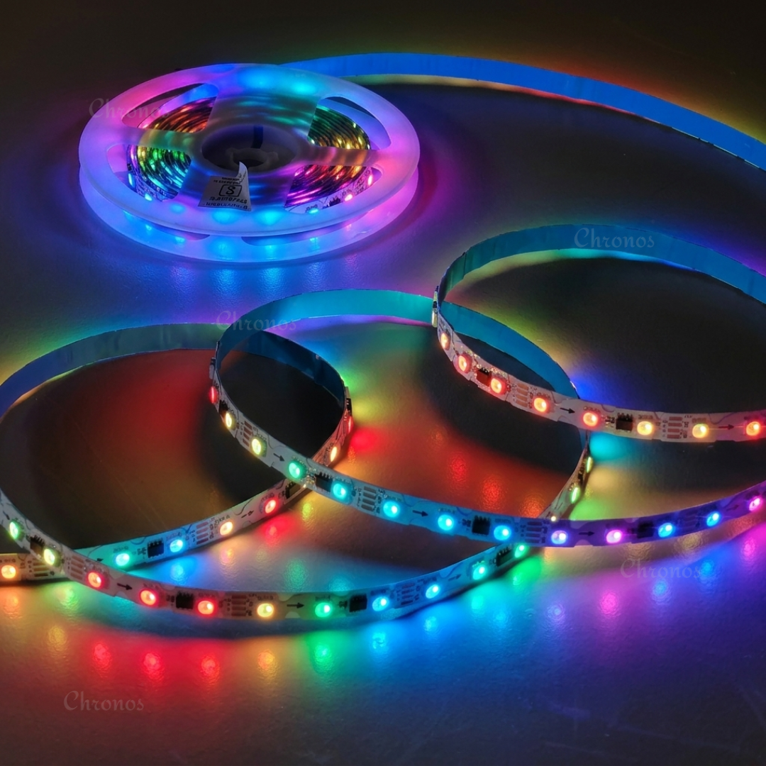 RGBIC LED strip lights adding colorful ambient illumination to a gaming room setup.