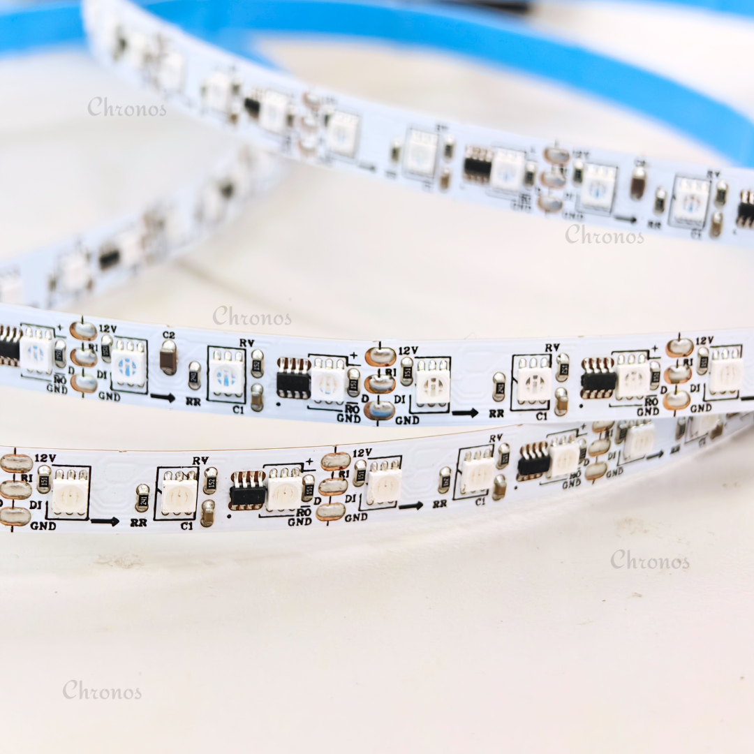 RGB LED strip lights adding colorful accent illumination to shelves and display areas.