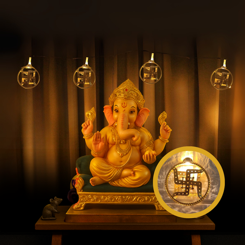 Swastik Metal String Lights | Amber Yellow LED | Ganpati Decoration