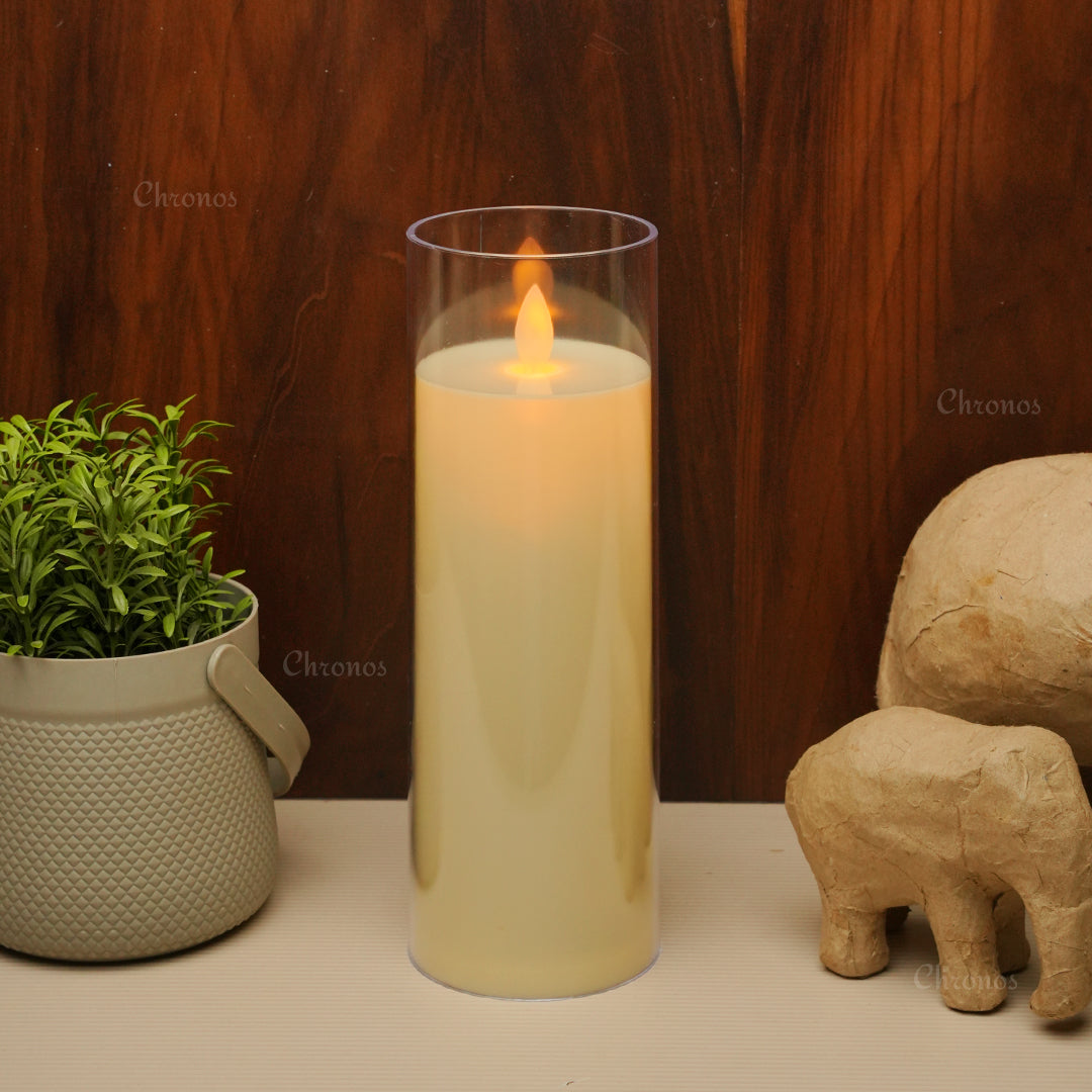 Acrylic Glass LED Moving Flame Candle – Elegant décor for pooja rooms, weddings, and events