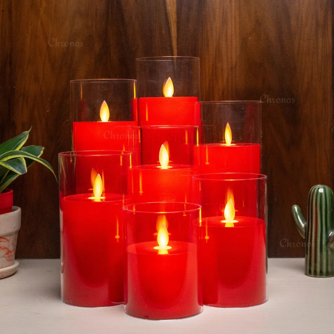 Acrylic glass red LED moving flame pillar candle with realistic flickering flame effect