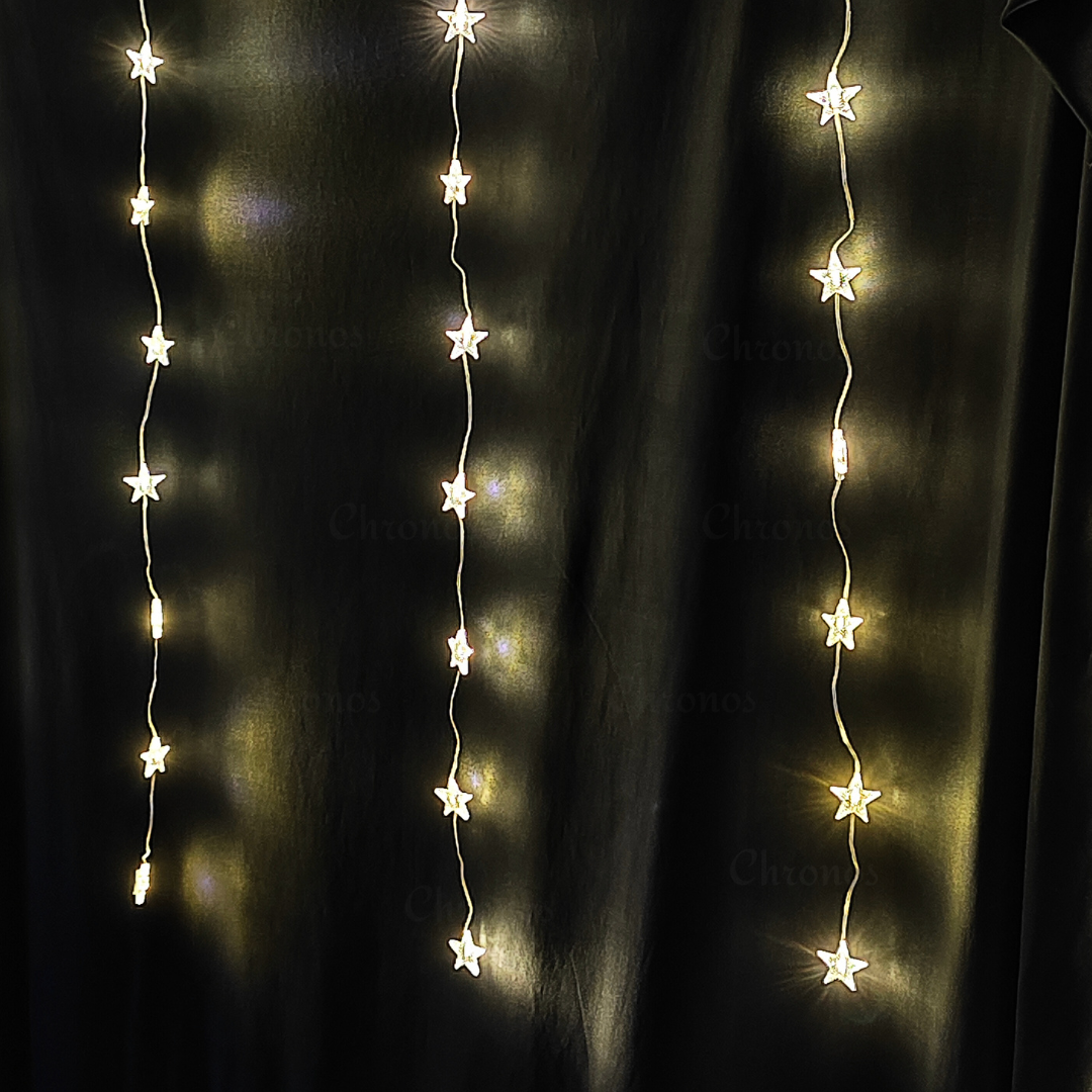 Balcony star string lights with warm white glow for cozy ambiance