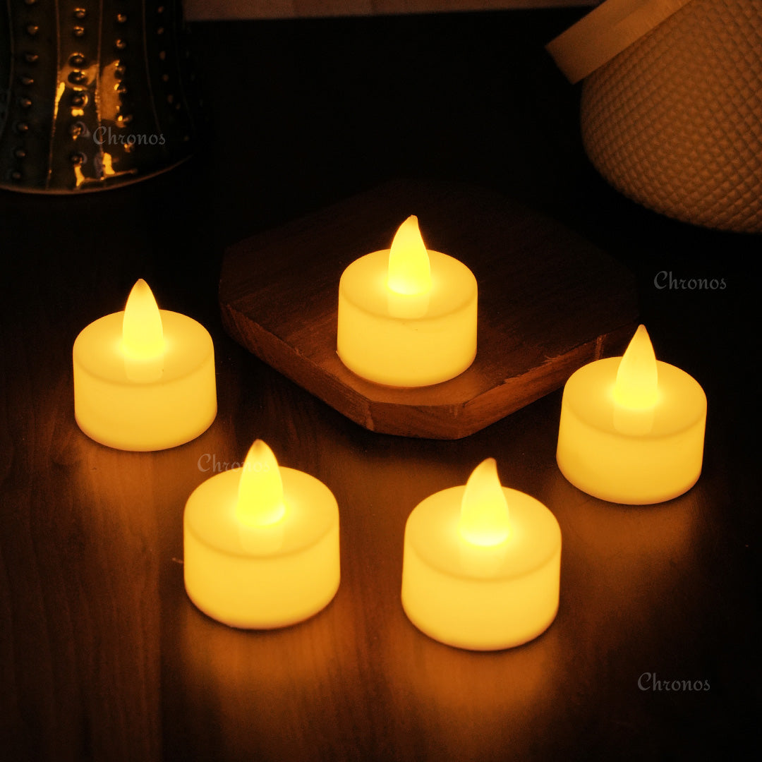 Battery-powered LED tea light candles with realistic flame effect for long-lasting warm ambiance