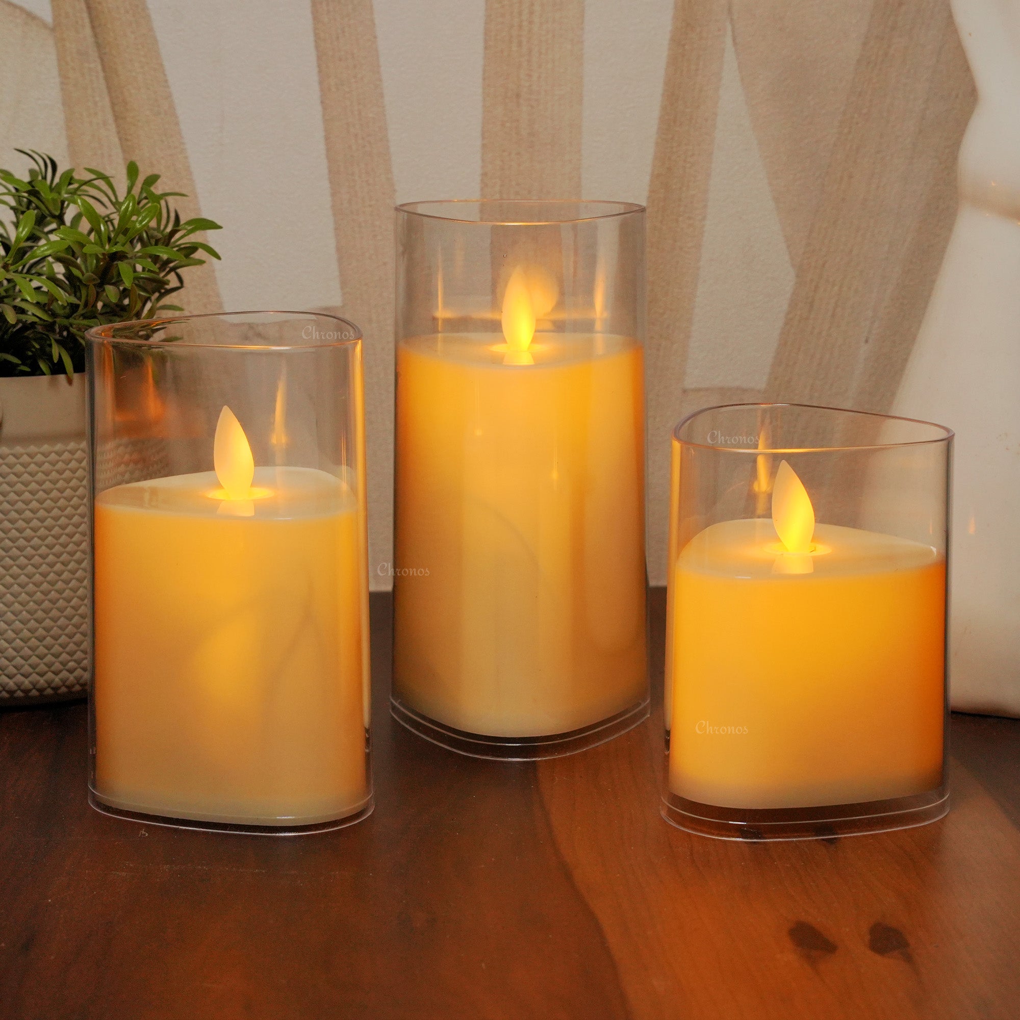 Durable acrylic glass LED moving flame candle for sophisticated home and event decoration.