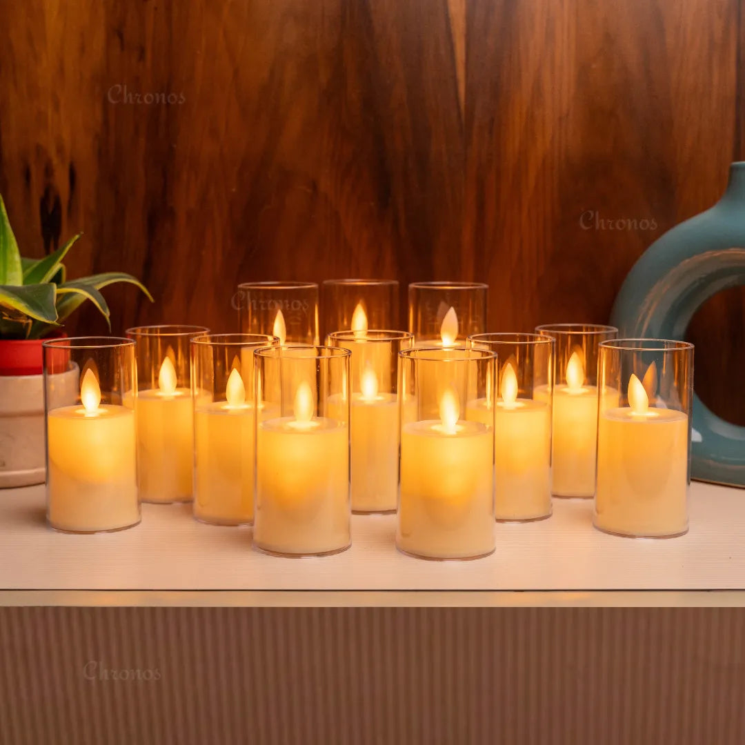 Battery operated moving wick LED candles with warm ambient glow and acrylic finish