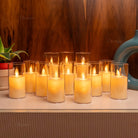 Battery operated moving wick LED candles with warm ambient glow and acrylic finish