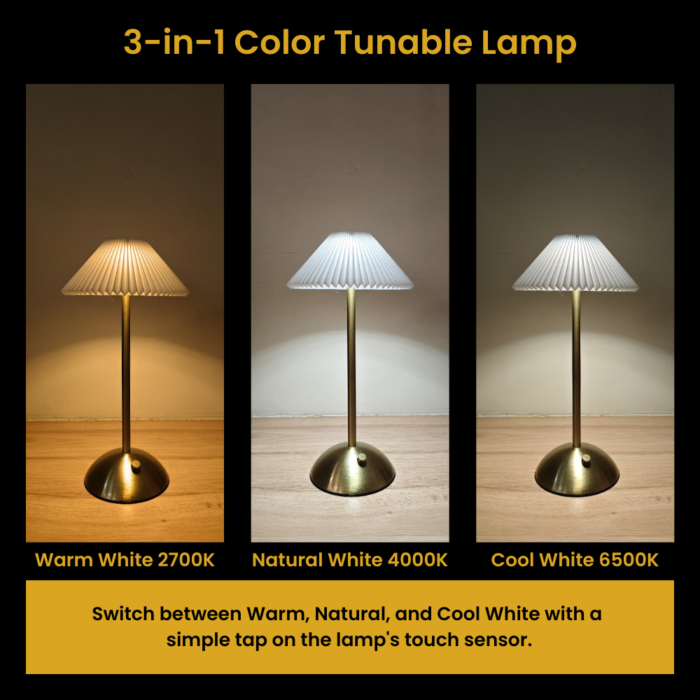 Elegant brushed brass table lamp with ivory pleated fabric shade and built-in LED
