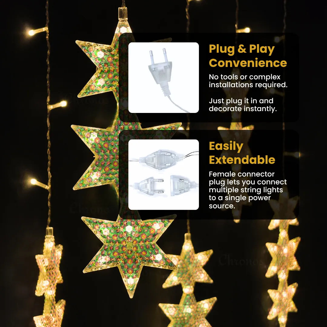 Cascading 3-star LED curtain lights with 8 string layered design for ambient décor