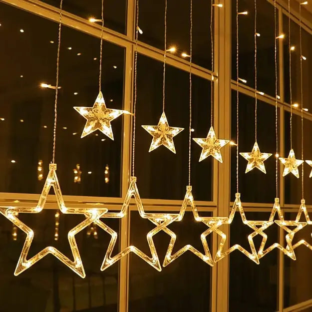 Celestial themed warm white star curtain LED string lights for dreamy festive lighting