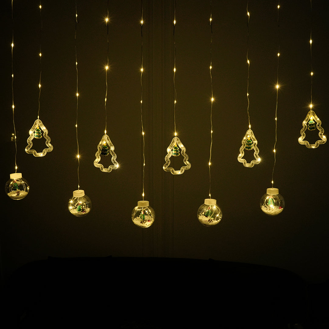 Warm white Christmas ball and tree curtain lights, perfect for creating a festive ambiance.